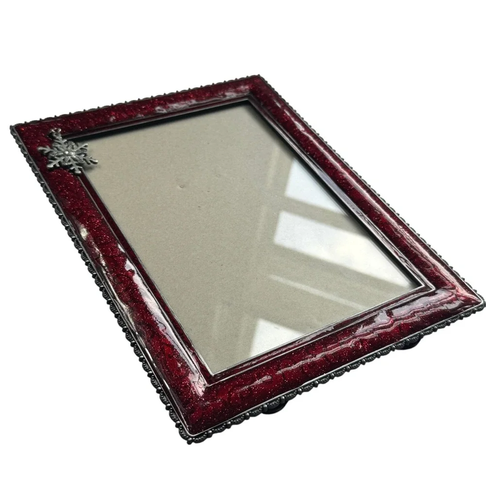 Red Glitter Snowflake Enamel 5x7 Picture Frame Sparkly Christmas Holiday Decor